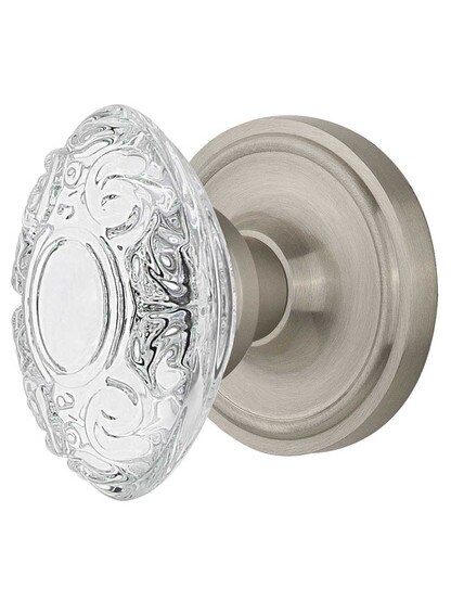Classic Rosette Door Set with Victorian Crystal-Glass Knobs - 2 3/4 in Satin Nickel.